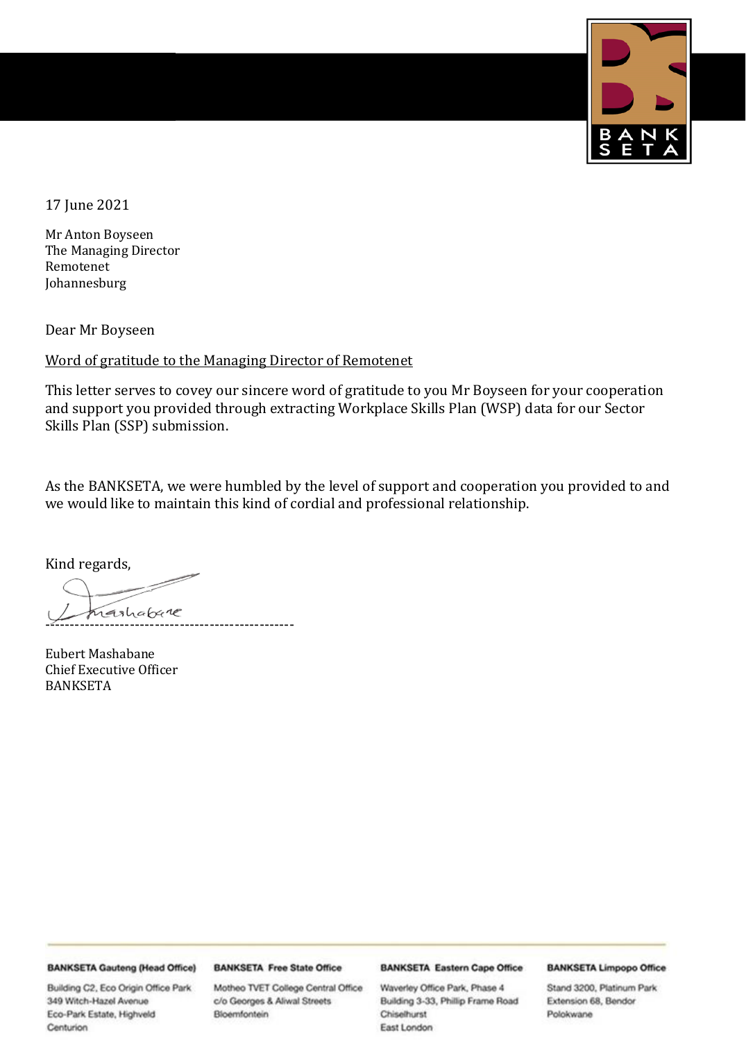 Signed BANKSETA letter thanking Anton Booyse for WSP data support
