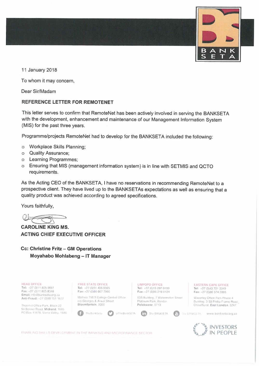 Signed BANKSETA reference letter for RemoteNet