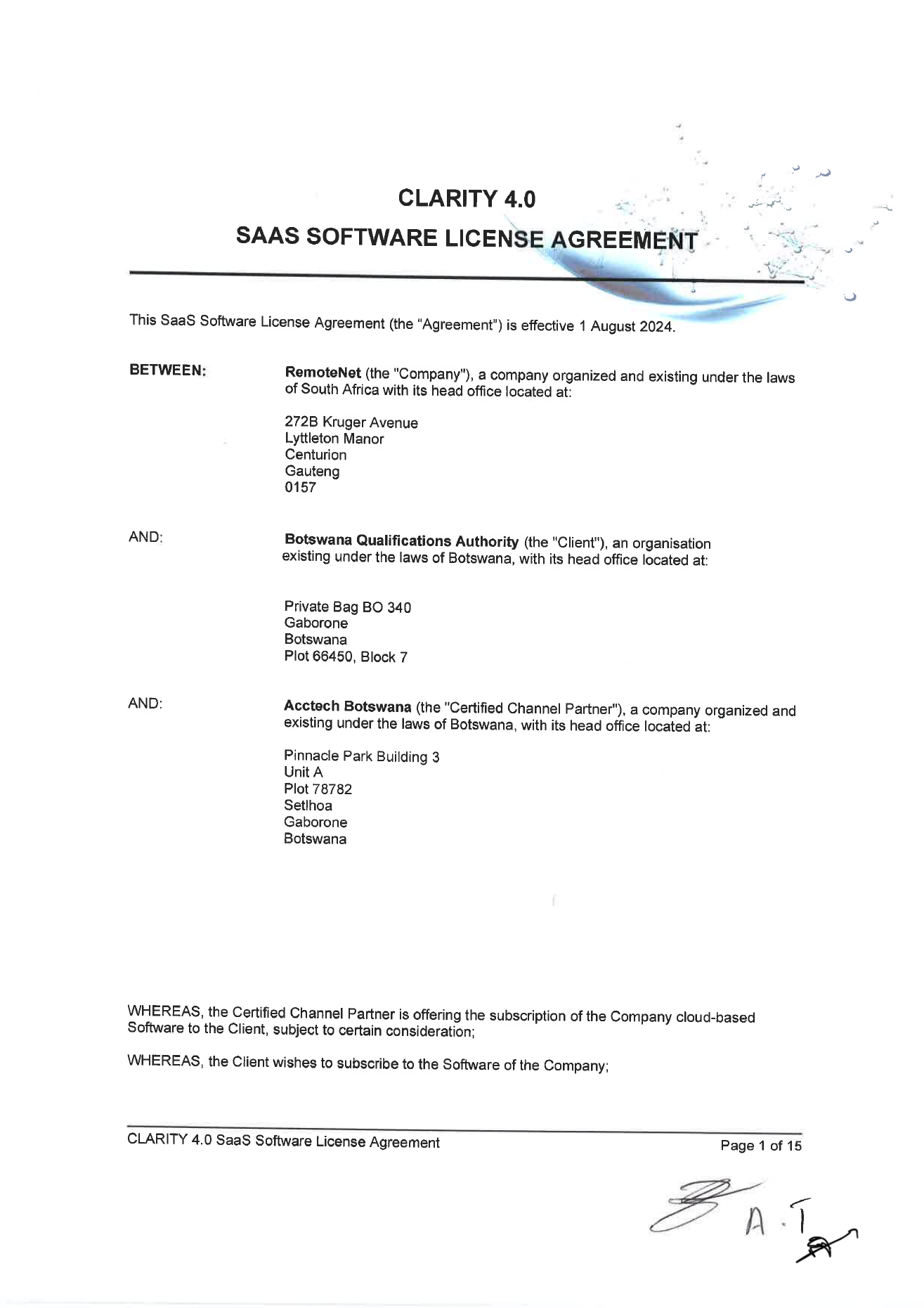 First page of the CLARITY 4.0 agreement naming RemoteNet, Botswana Qualifications Authority and Acctech Botswana