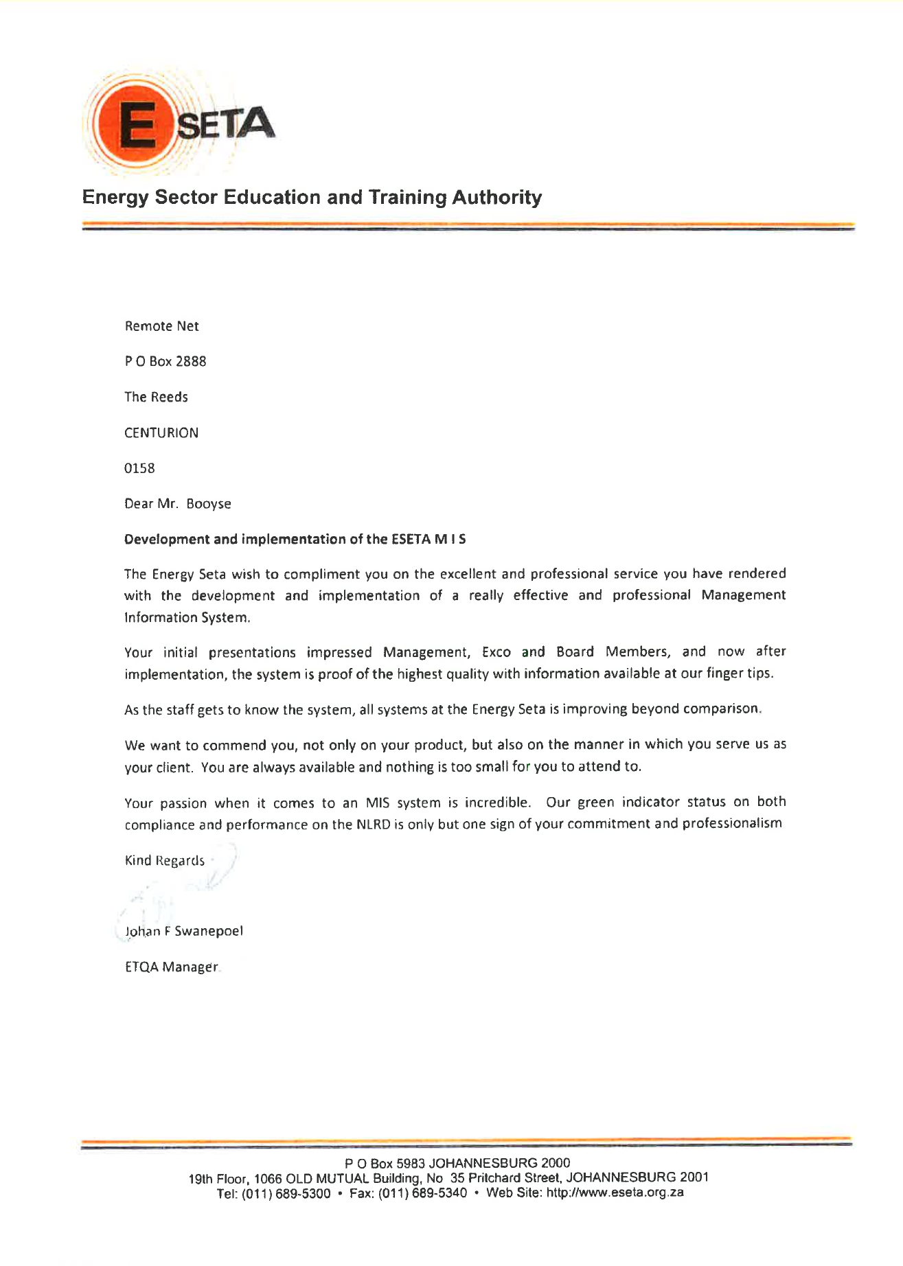 Energy SETA appreciation for MIS development and implementation