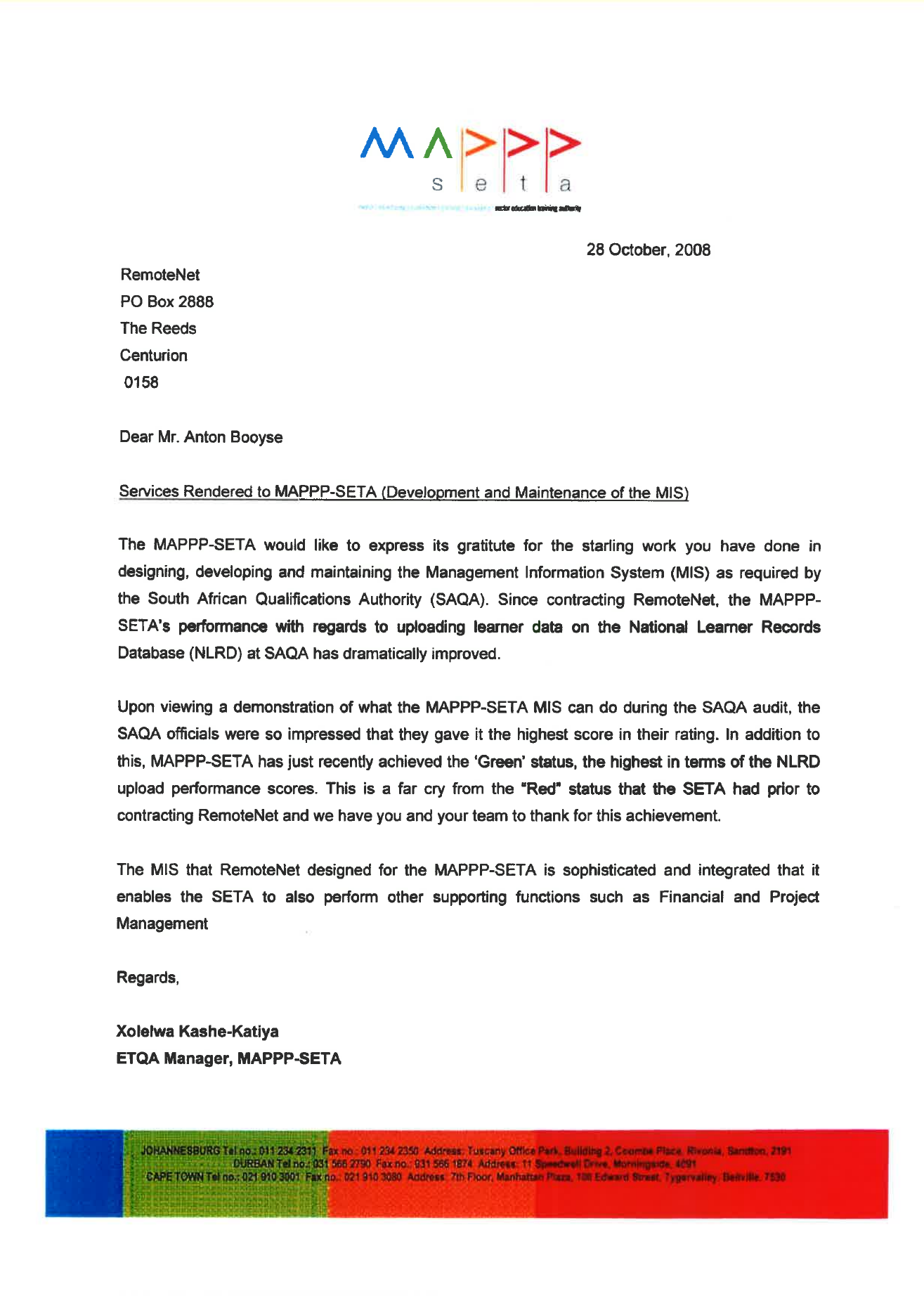 Signed MAPPP-SETA letter recording SAQA's highest audit rating for the MIS