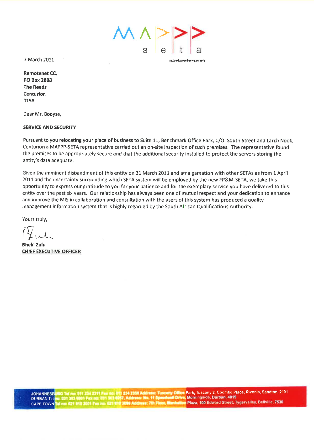 Signed MAPPP-SETA service and security appreciation letter
