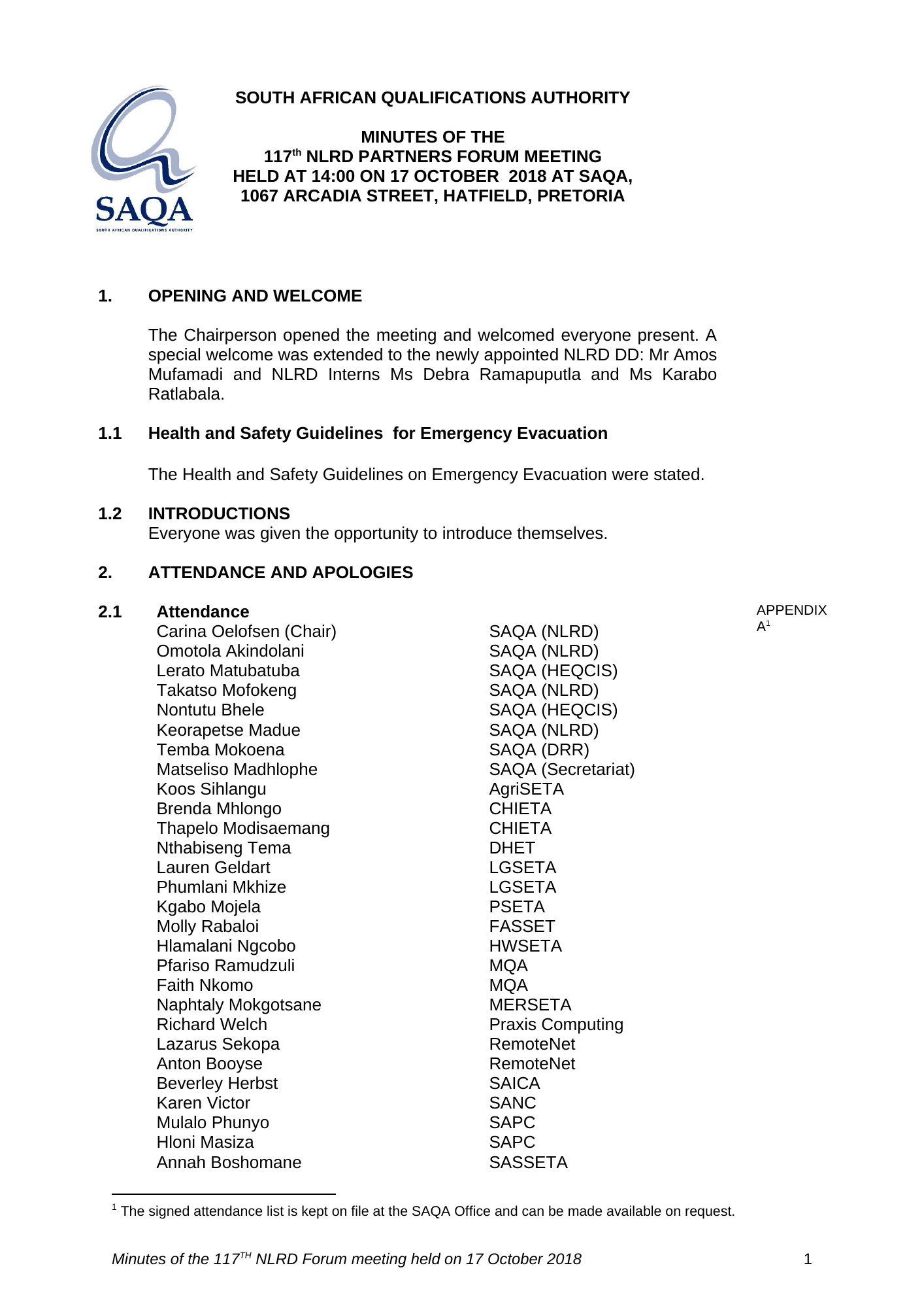 SAQA minutes listing Anton Booyse of RemoteNet in attendance at the 117th NLRD Partners Forum