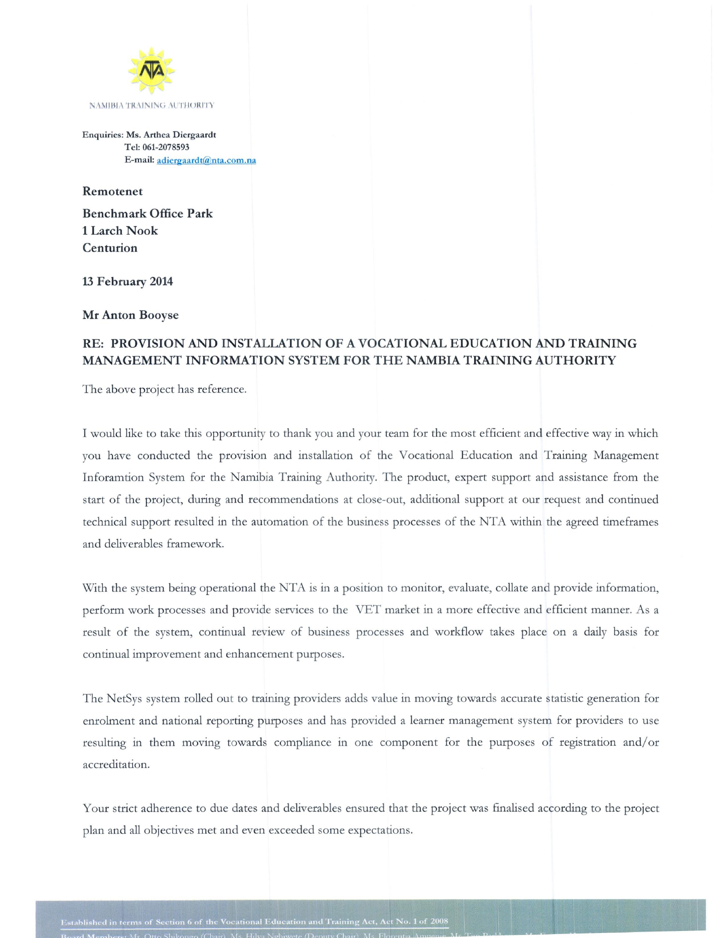 Namibia Training Authority client reference