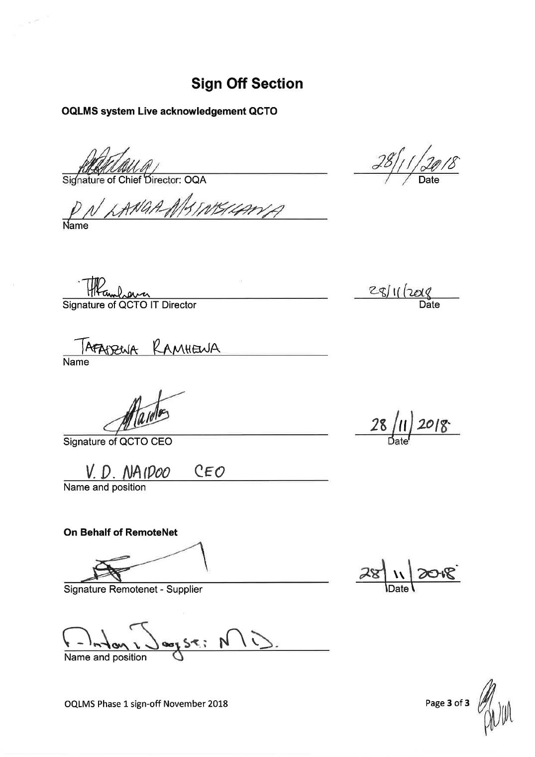 Signed OQLMS Phase 1 go-live acceptance page