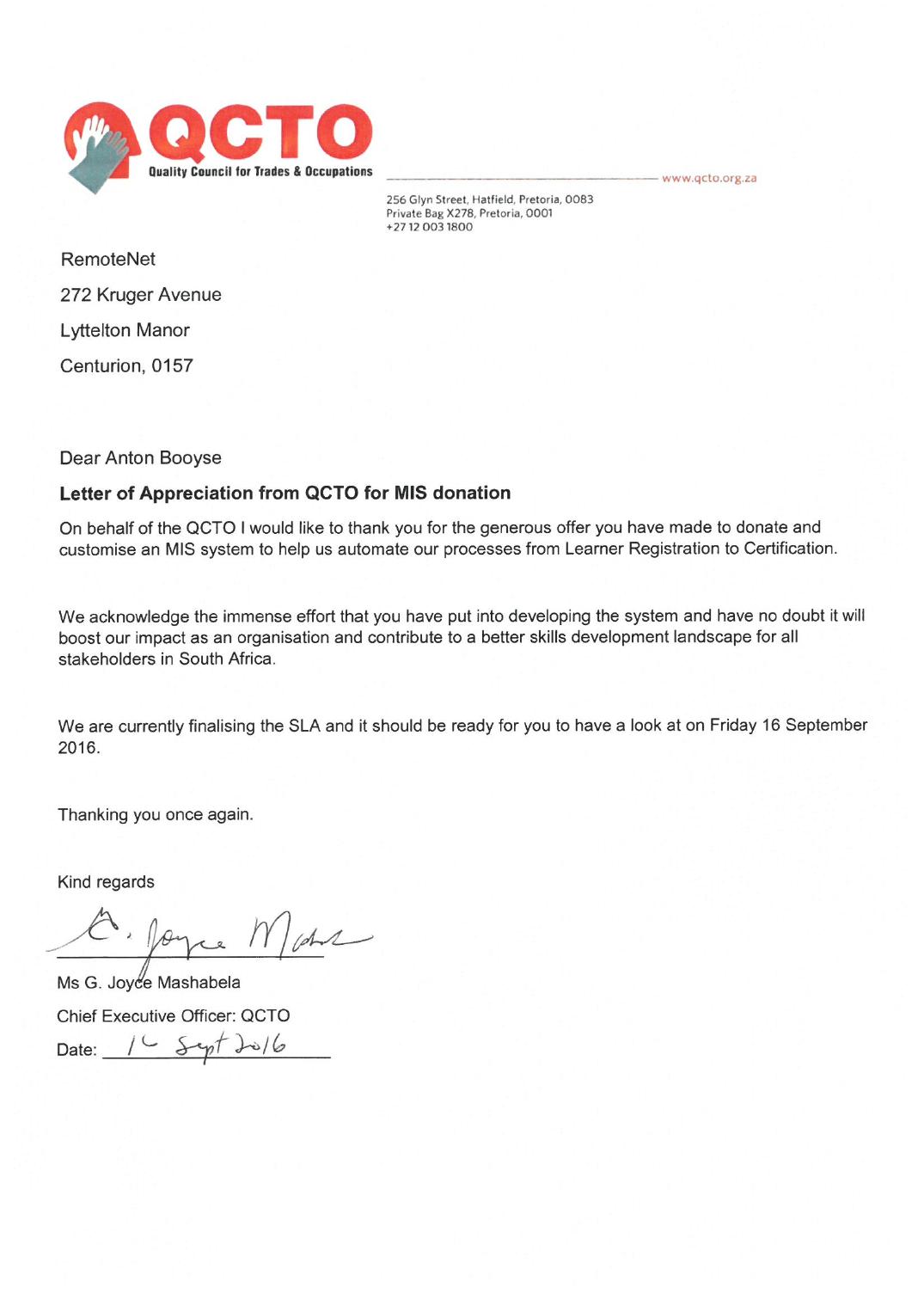 QCTO letter of appreciation