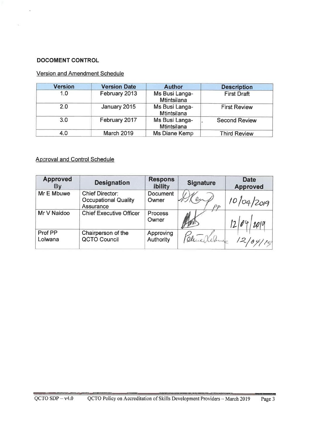 Approval signatures in the QCTO SDP accreditation policy