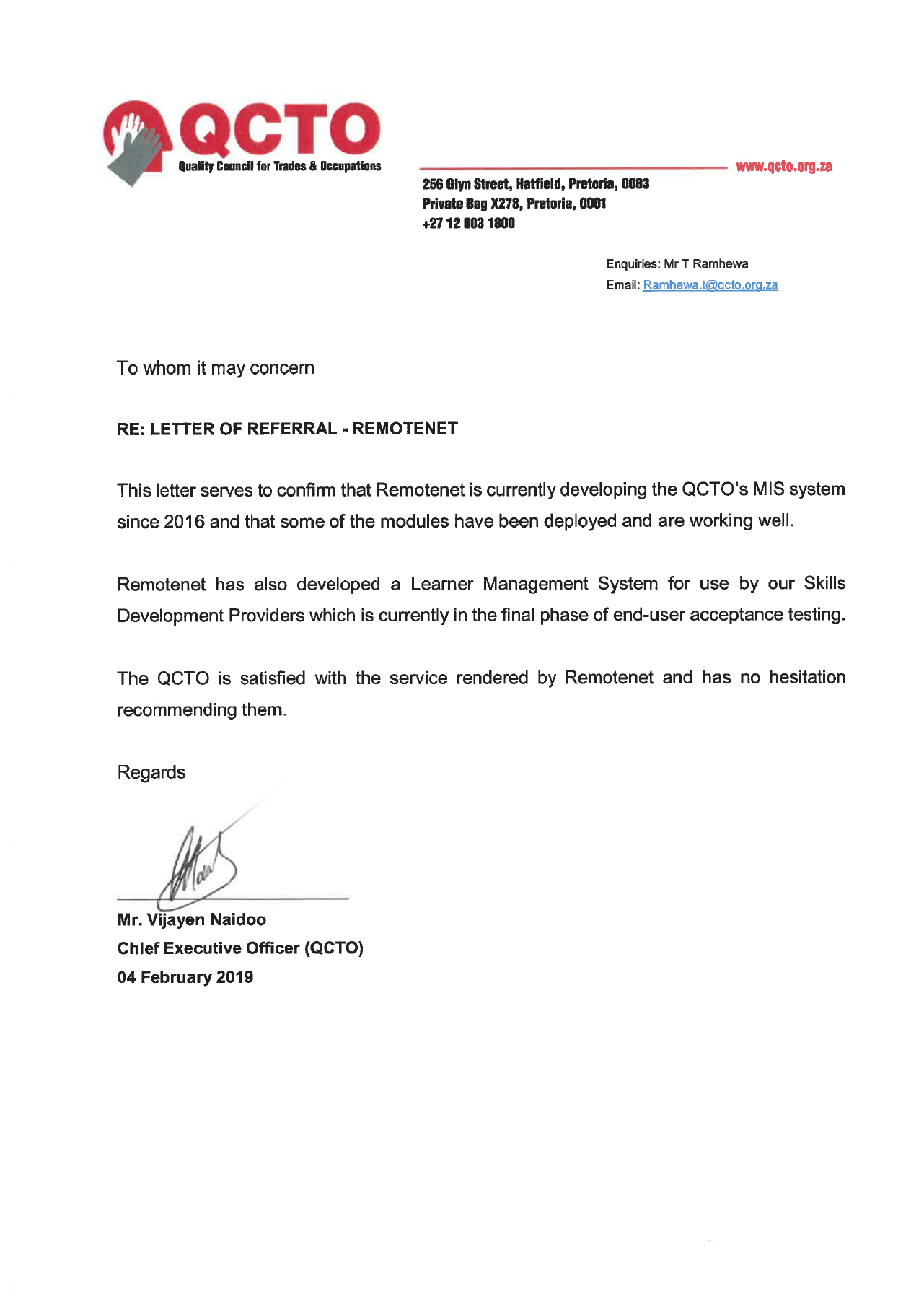 QCTO CEO letter confirming RemoteNet developed the QCTO MIS and the LMS for Skills Development Providers