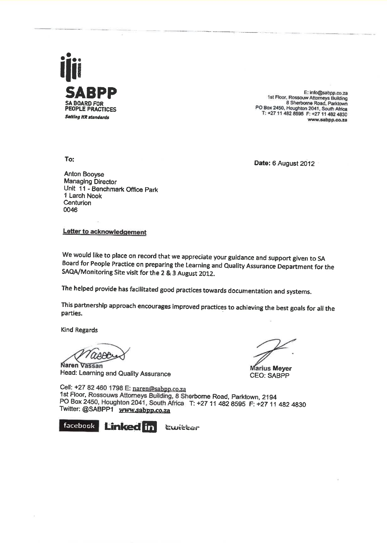 Signed SABPP letter acknowledging Anton Booyse's support